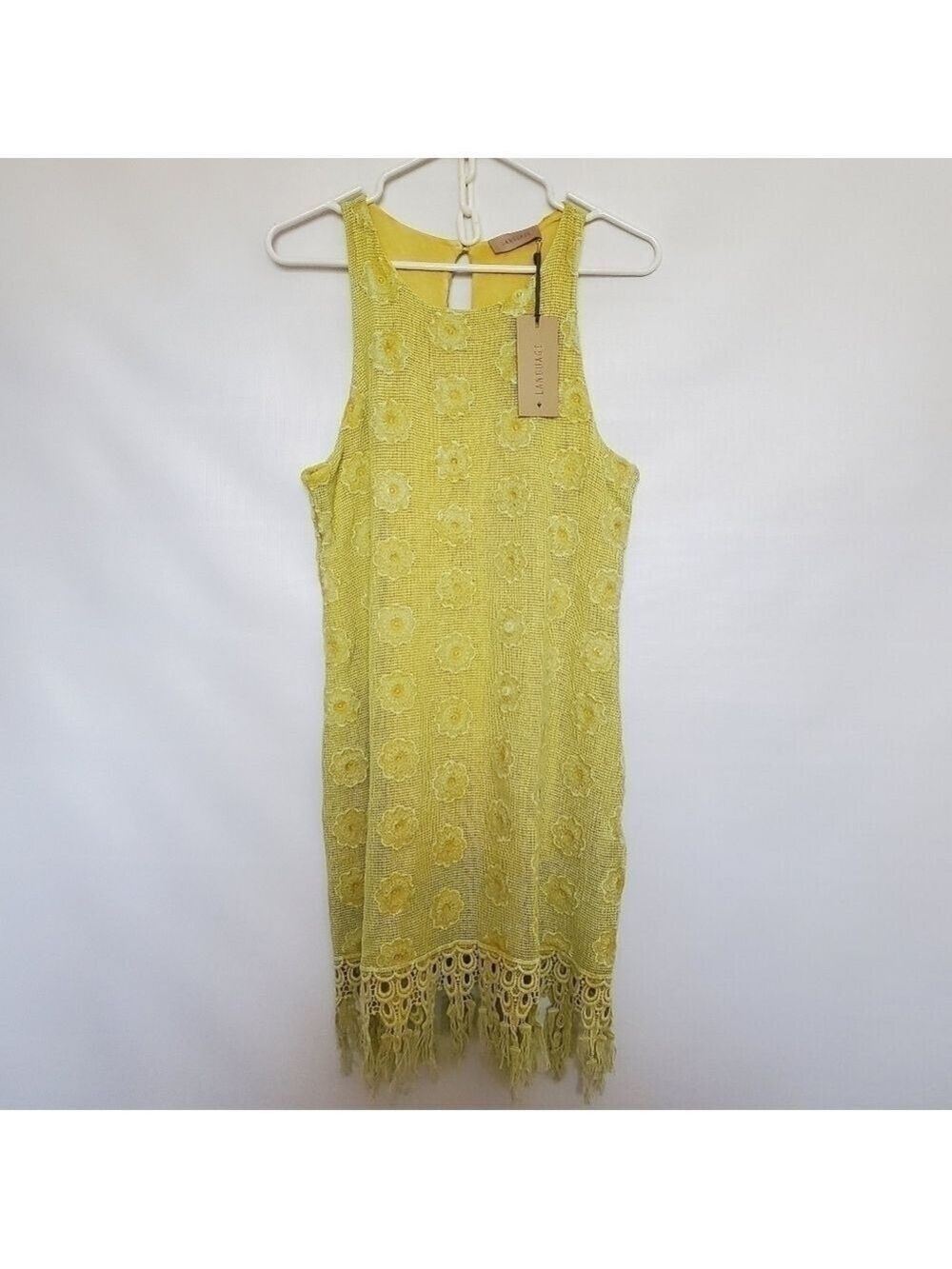 LANGUAGE DRESS SLEEVELESS FRINGE MUSTARD YELLOW EMBROIDERED FLORAL WOMANS ( XL ) - Picture 2 of 15